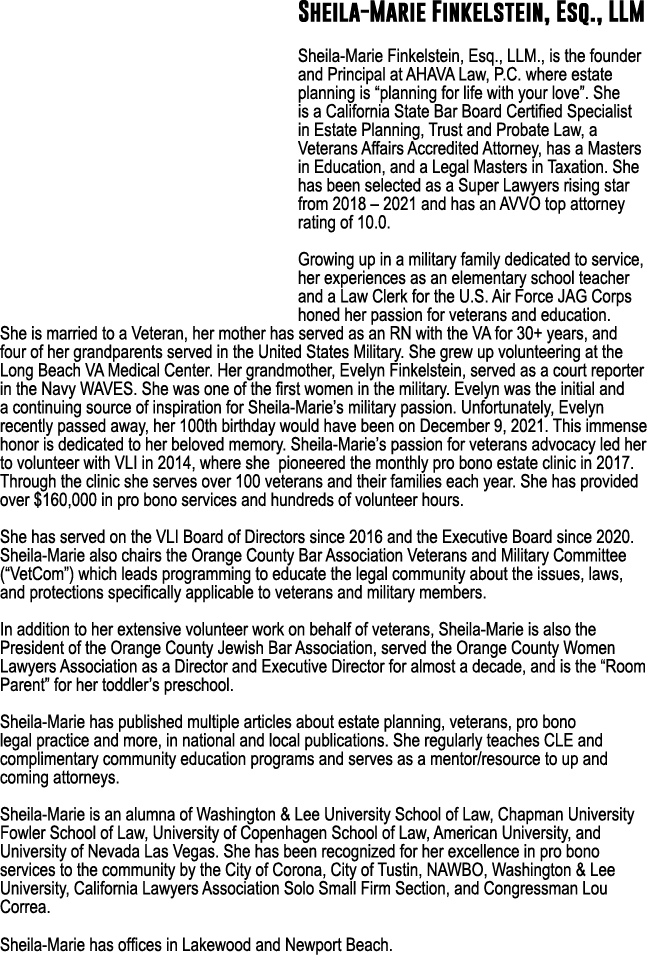 Sheila-Marie Finkelstein, Esq , LLM Sheila-Marie Finkelstein, Esq , LLM , is the founder and Principal at AHAVA Law,    